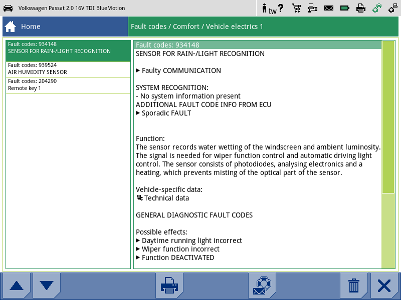Checking the rain sensor light sensor with the diagnostic tool: Error code