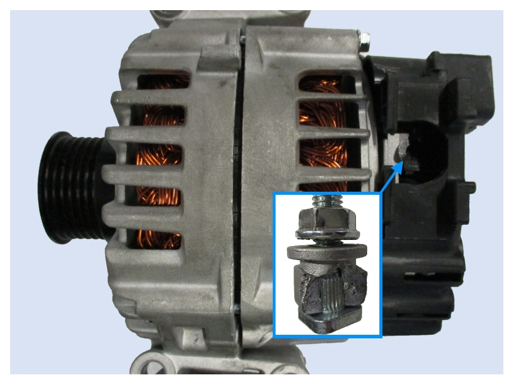 Torn off B+ connection bolt caused by incorrect tightening torque. 