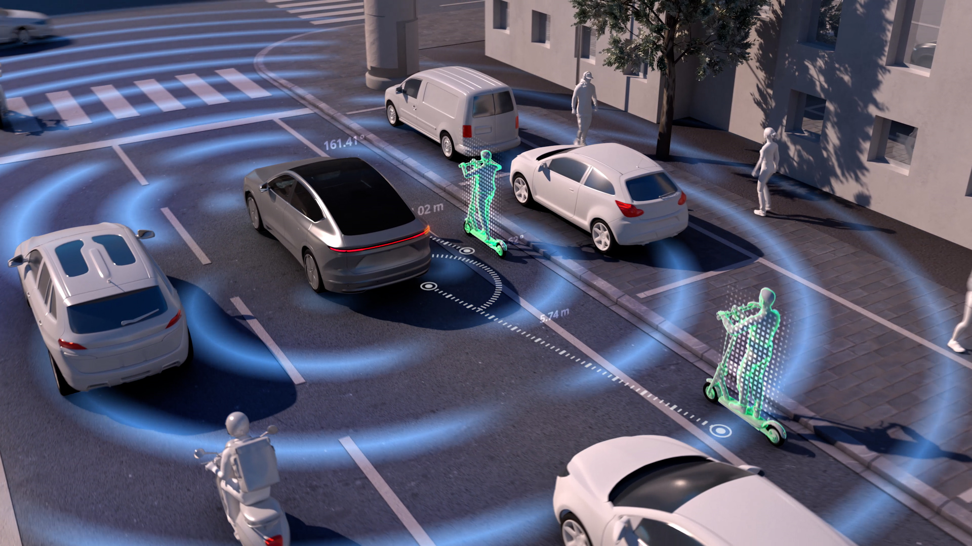 A vehicle with an active ADAS system recognises pedestrians and e-scooters in urban traffic by means of radar and sensor signals – a good example of autonomous driving and sensor fusion. 
