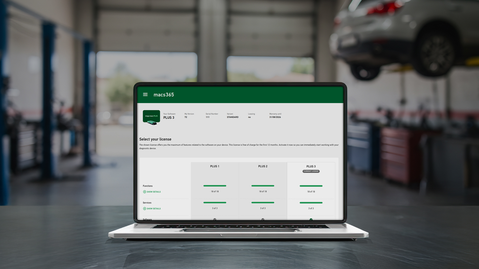 mega macs PLUS: Select any scope of services - updates included, basic functions permanently secured Your co-pilot with flexible licence models
