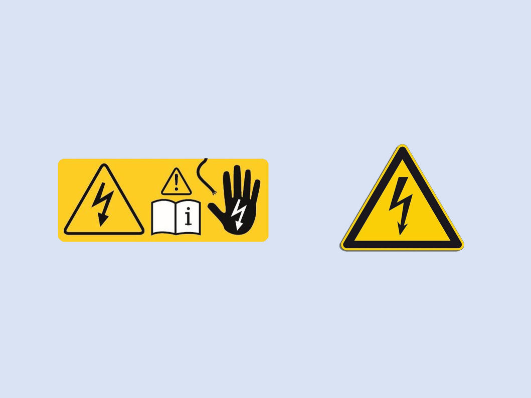 High-voltage warning symbols: yellow triangle with lightning bolt, safety instructions with information manual and 