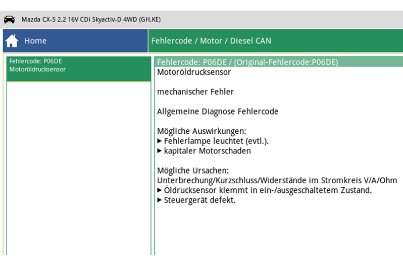 Error code: P06DE Engine oil pressure sensor / mechanical fault