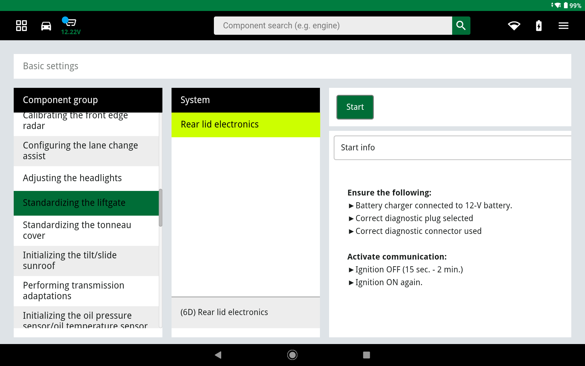 An illustrative example of how to select the basic setting “Initialise hatchback” on the diagnostic device.