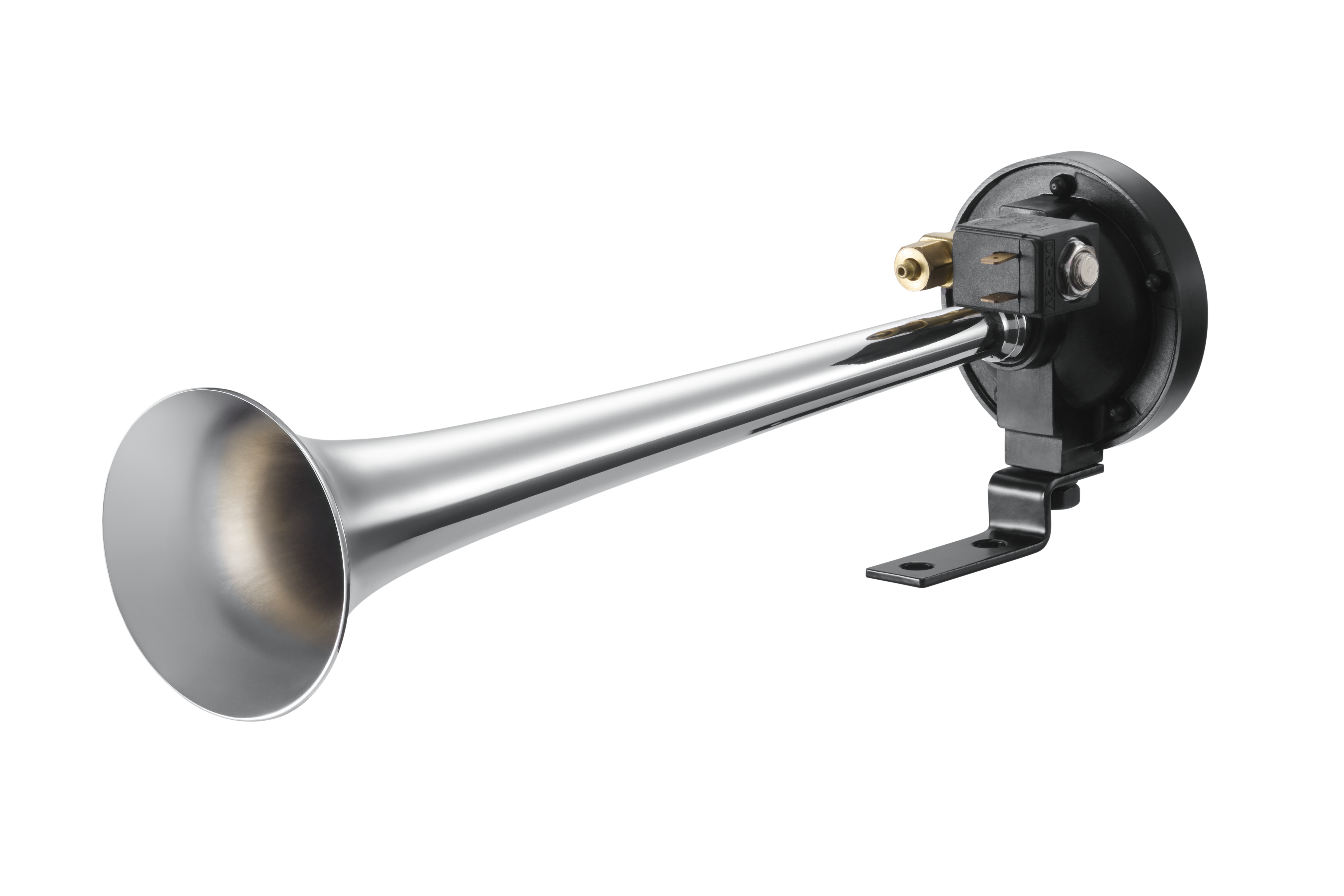 Avvisatore ad aria compressa cromato con potente segnale acustico – ideale per veicoli dotati di impianto frenante ad aria compressa. Compatto e potente.