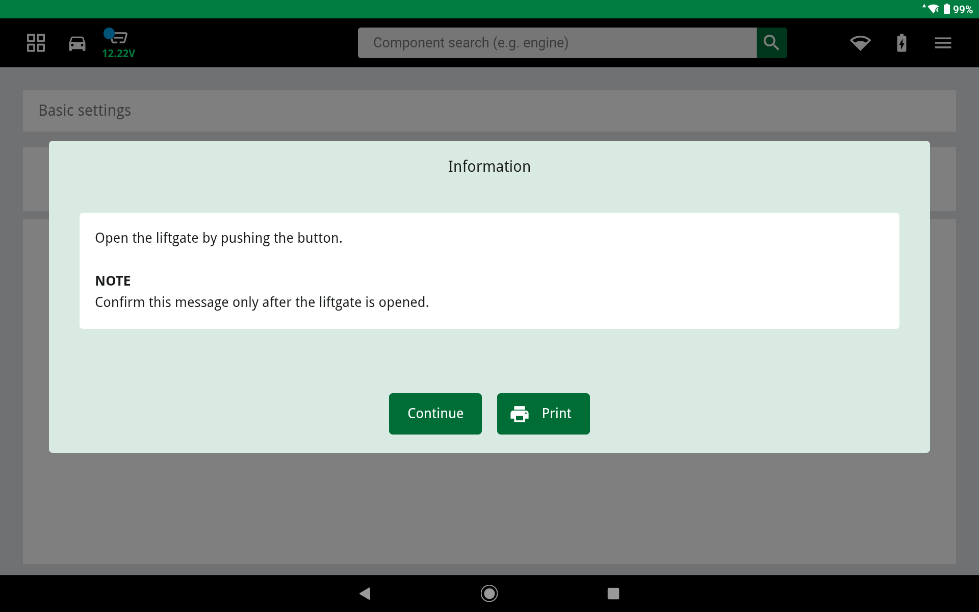 An illustrative example of the initialisation routine, prompting the user to open the hatchback manually.