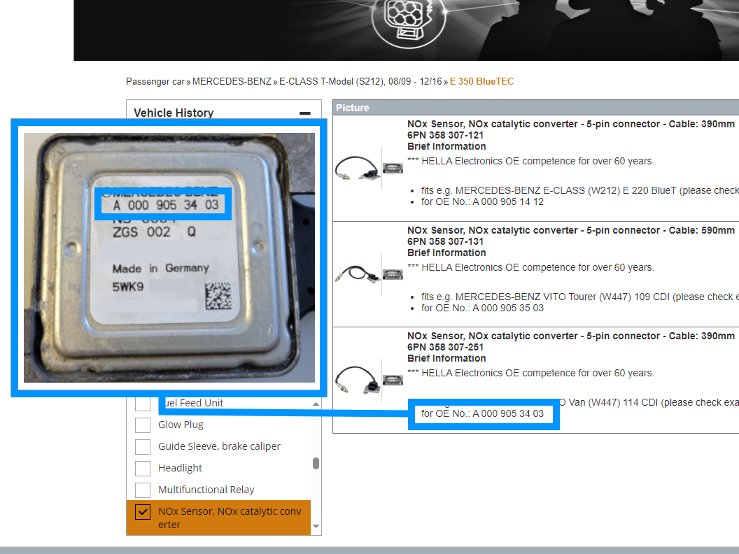 The correct NOx sensor can only be allocated by comparing it with the OE part number.